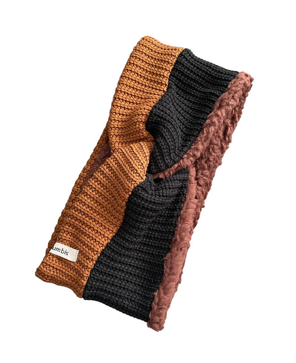 Big Knit Turbanstirnband -Gefüttertes Strickstirnband Double Black & Rost